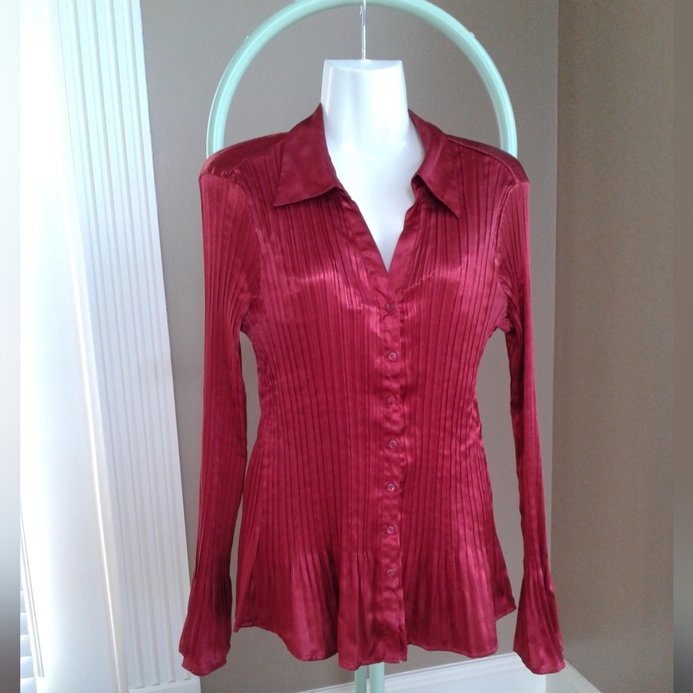 Tailor B. Moss V Neck Red Pleated Button-Down Bell Sleeved Shirt - Picture 6 of 10